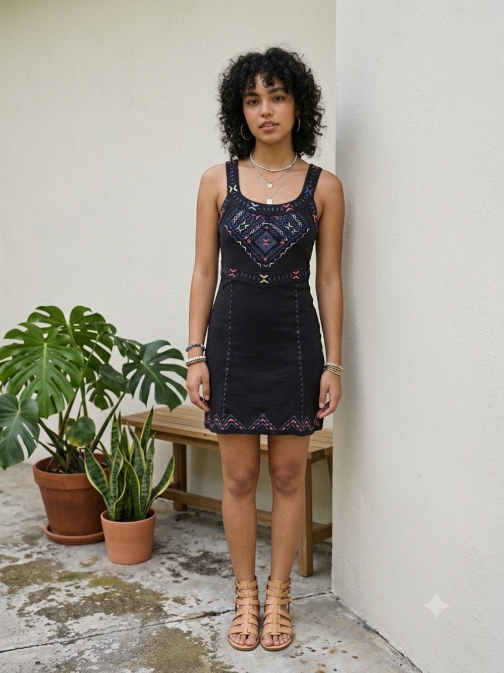 Free People Song of the South Bohemian Black Embroidered Tank Mini Dress
